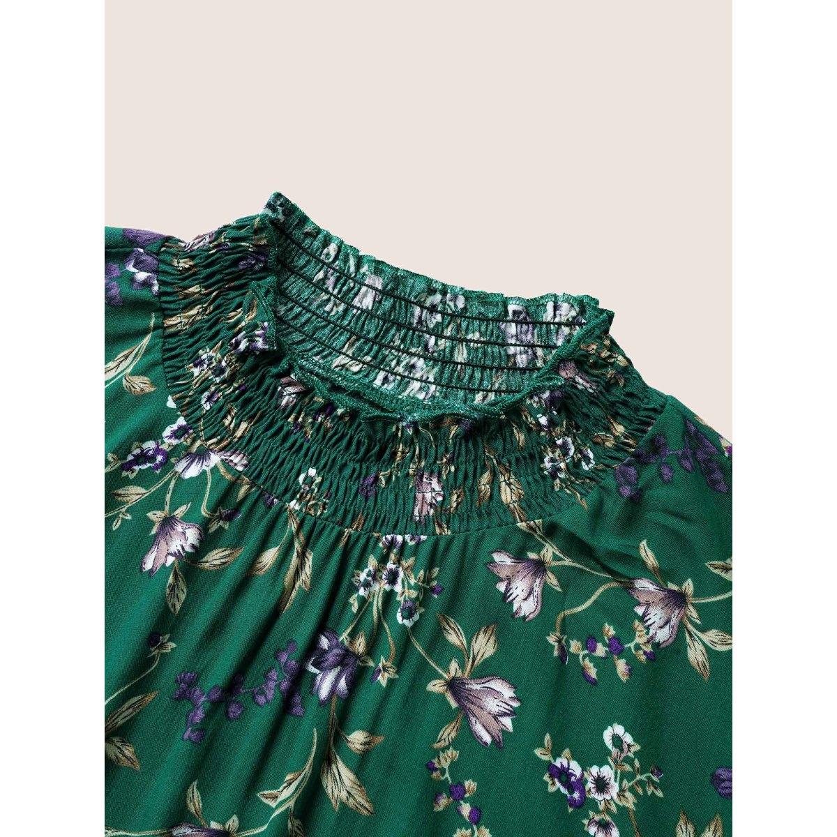 Plus Size DarkGreen Floral Lantern Sleeve Shirred Mock Neck Blouse Women Elegant Long Sleeve Mock Neck Everyday Blouses BloomChic 22-24/3X Product Image
