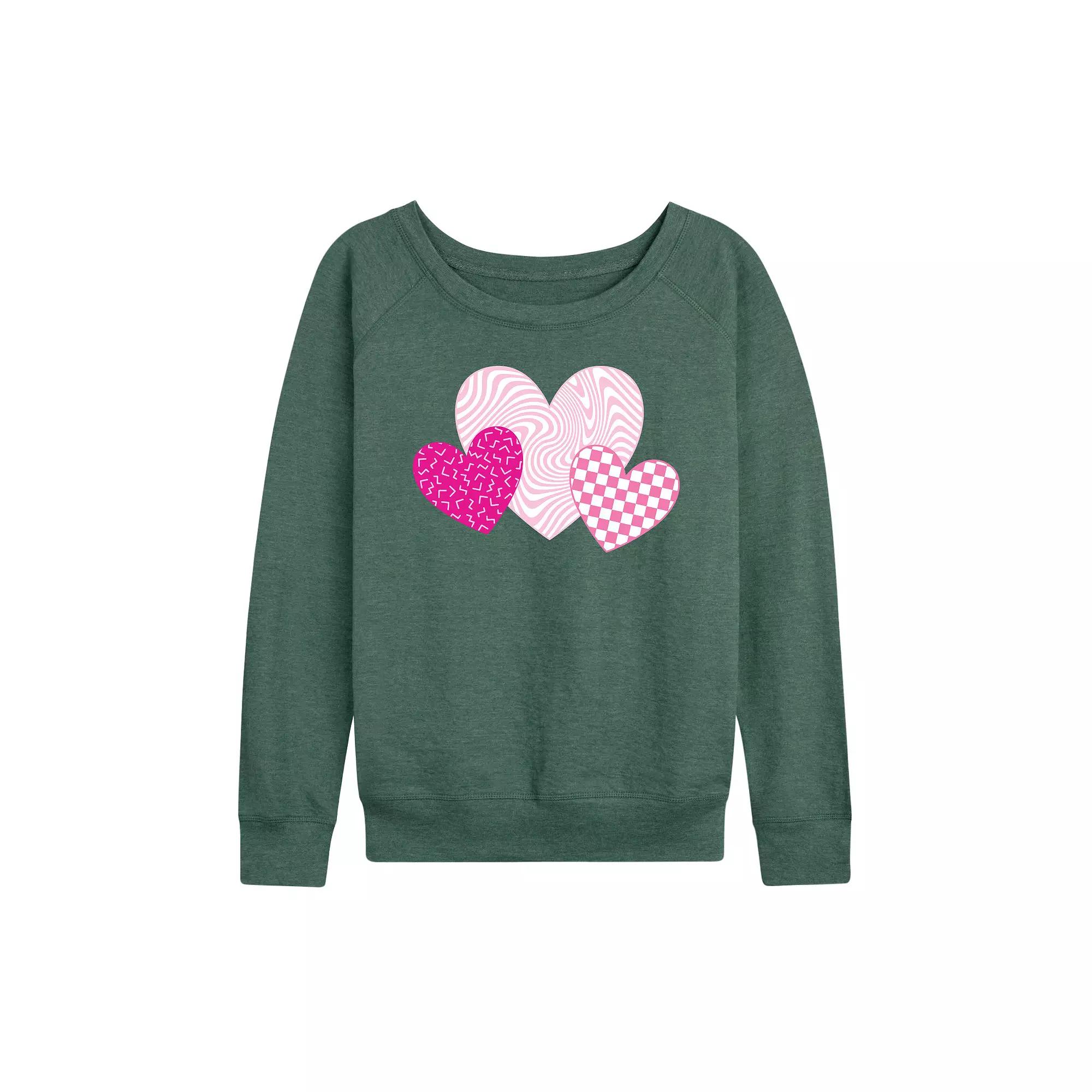 Women's Pink Retro Patterned Hearts French Terry Long Sleeve Tee,  Product Image