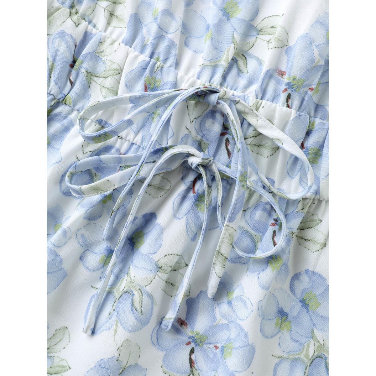 Plus Size Skyblue Breezy Floral Print Drawstring Babydoll Top Women Short sleeve V-neck Everyday-Elegant Blouses BloomChic 12/L Product Image