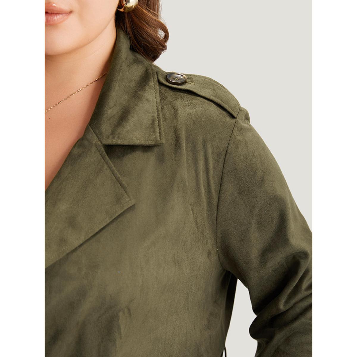Plus Size Plain Lapel Collar Pocket Belted Faux Suede Coat Women ArmyGreen Casual Plain Ladies Dailywear Winter Coats BloomChic 14-16/1X Product Image