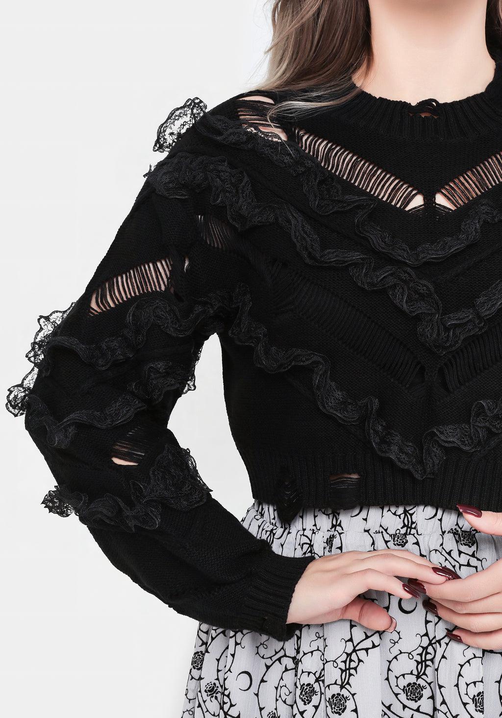 Volla Lace Ruffle Distressed Knit Crop Sweater Product Image