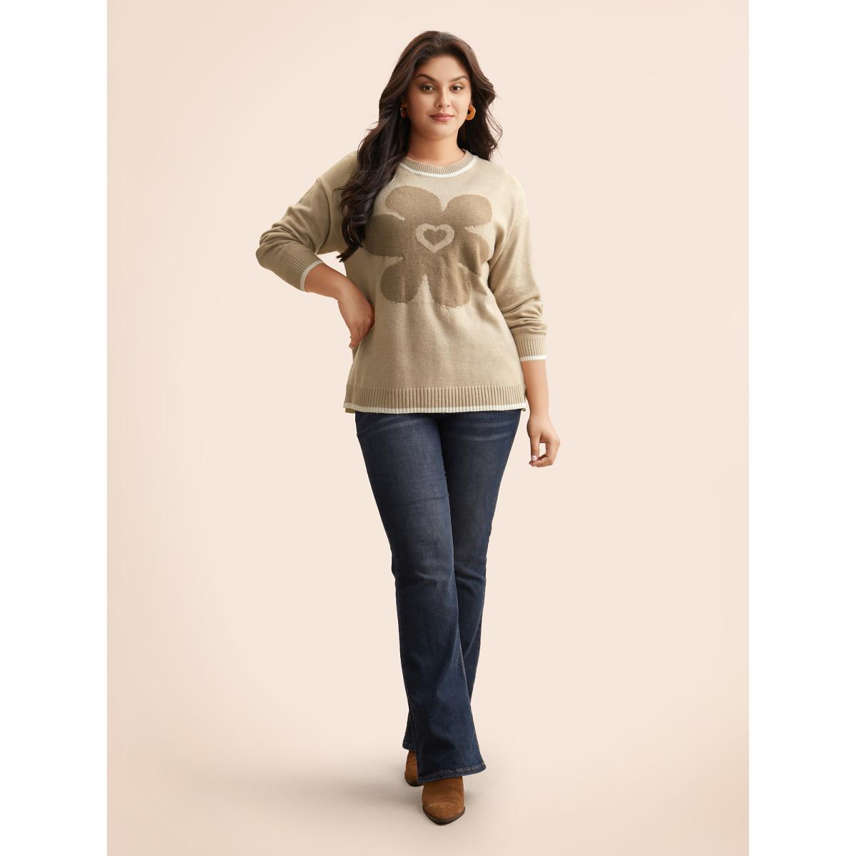Plus Size Floral Jacquard Contrast Trim Slit Hem Pullover LightBrown Women Casual Long Sleeve Round Neck Everyday Pullovers BloomChic 18-20/2X Product Image