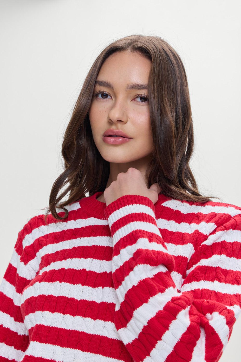 Varsity Cable Knit Sweater - Heartstrings Stripe Product Image