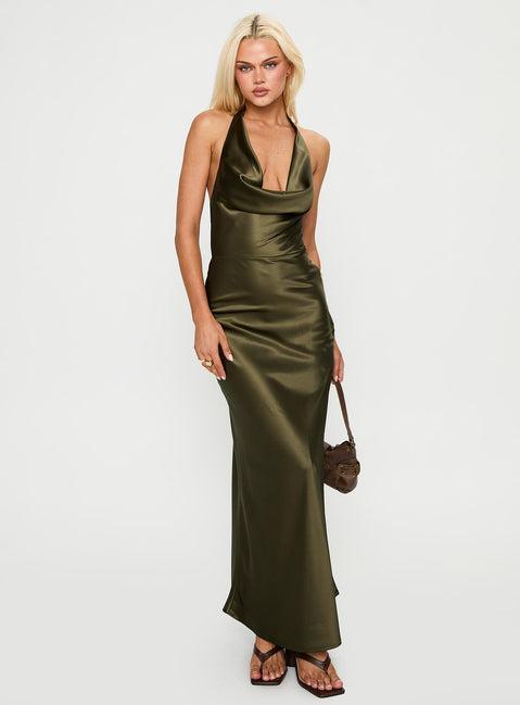 Iridescent Plunge Maxi Dress Olive Green Product Image