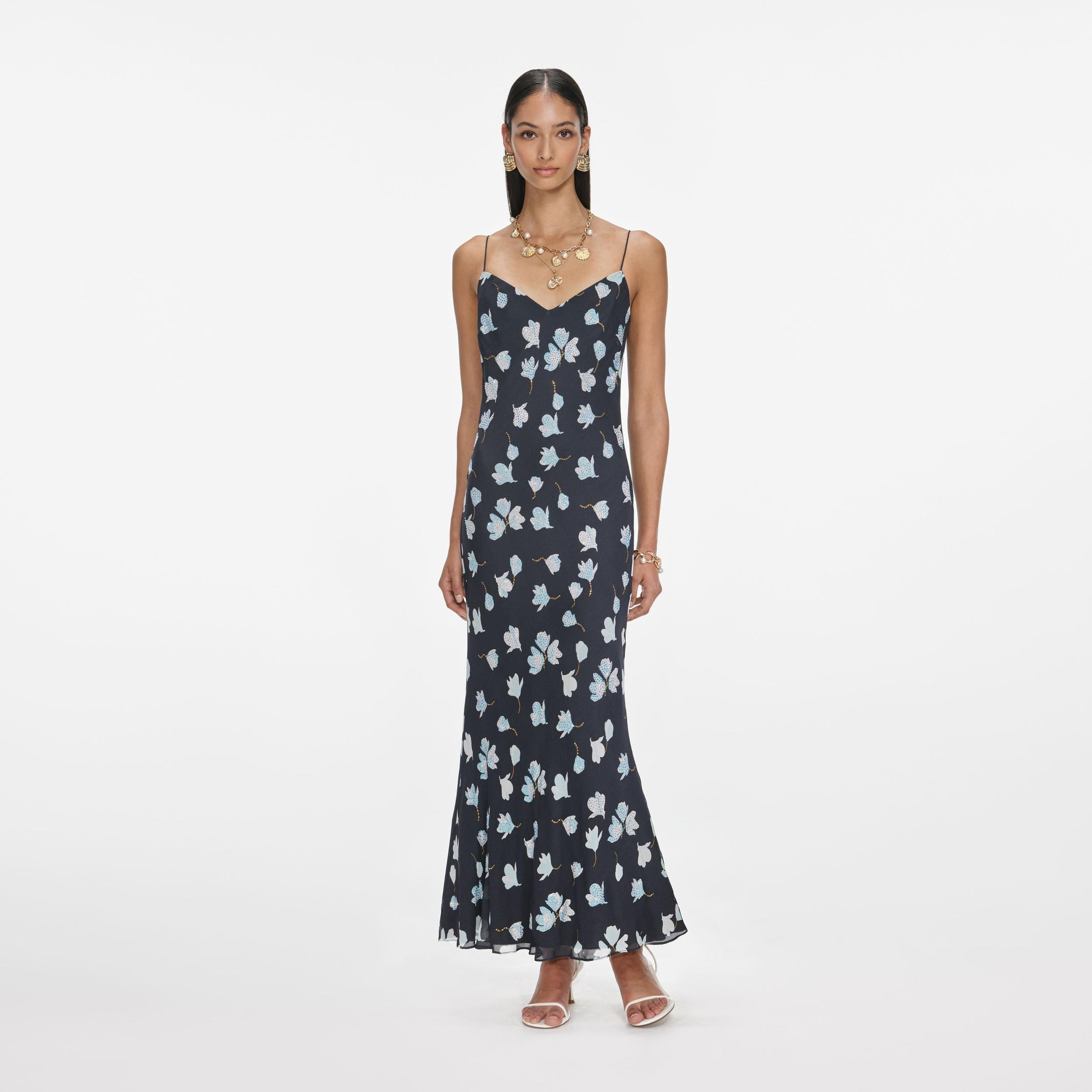 Navy Floral Rhinestone Midi Dress Product Image