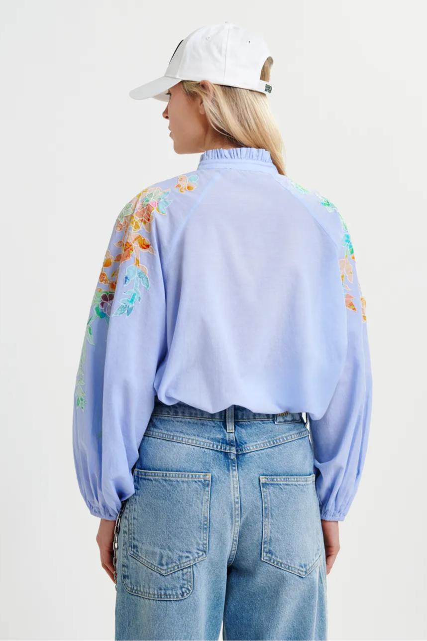 Light blue cotton top with floral embroidery and mandarin collar Product Image