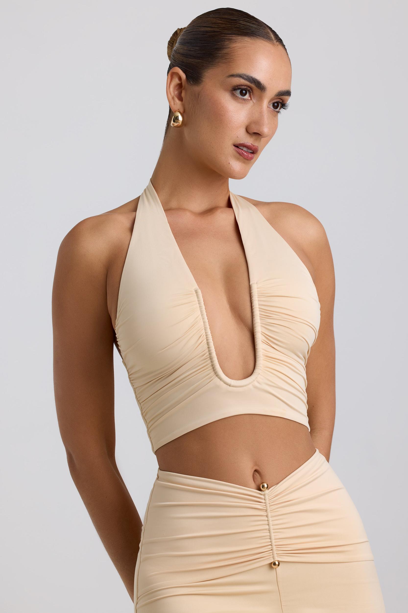 Slinky Jersey Ruched Halterneck Top in Buttercream Product Image