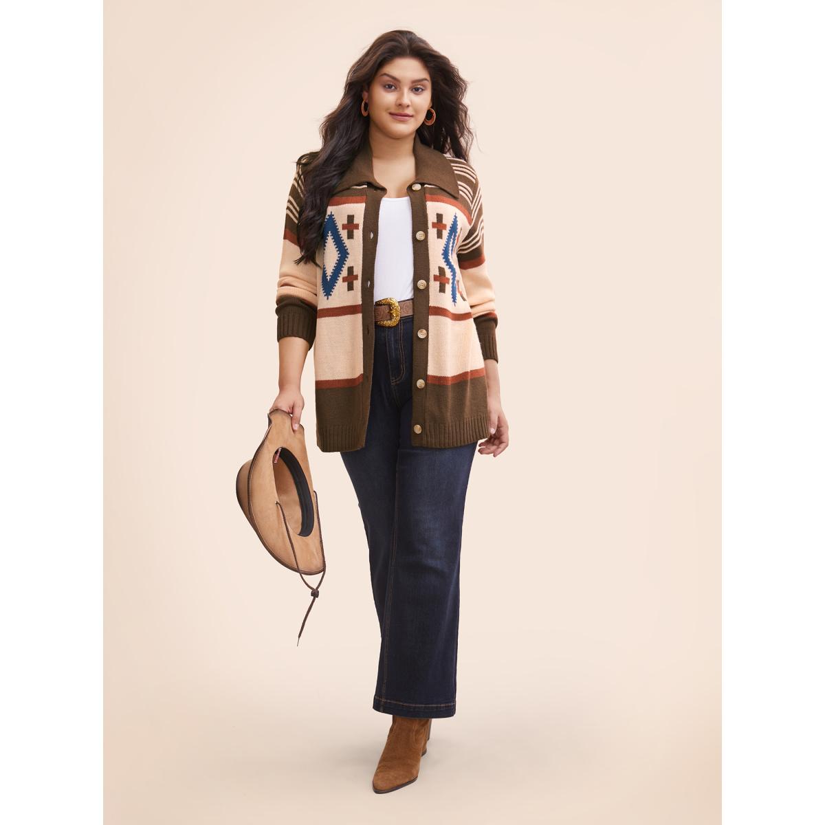 Plus Size Geometric Pattern Collared Front Button Cardigan Multicolor Women Casual Loose Long Sleeve Everyday Cardigans BloomChic 18-20/2X Product Image