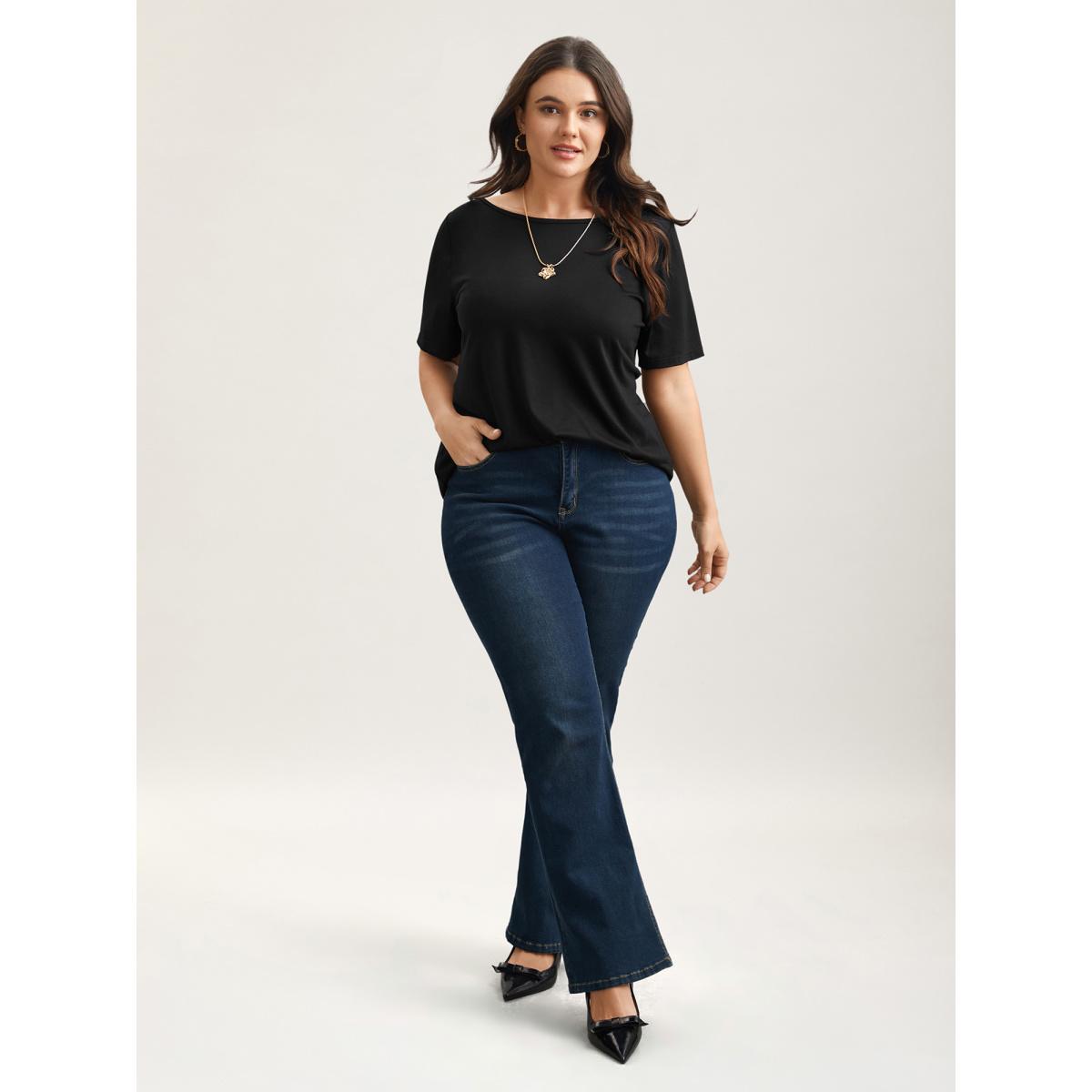 Plus Size Butterfly Back Stretchy Round Neck T-Shirt Black Women Leisure See through Round Neck Casual T-shirts BloomChic 10/M Product Image