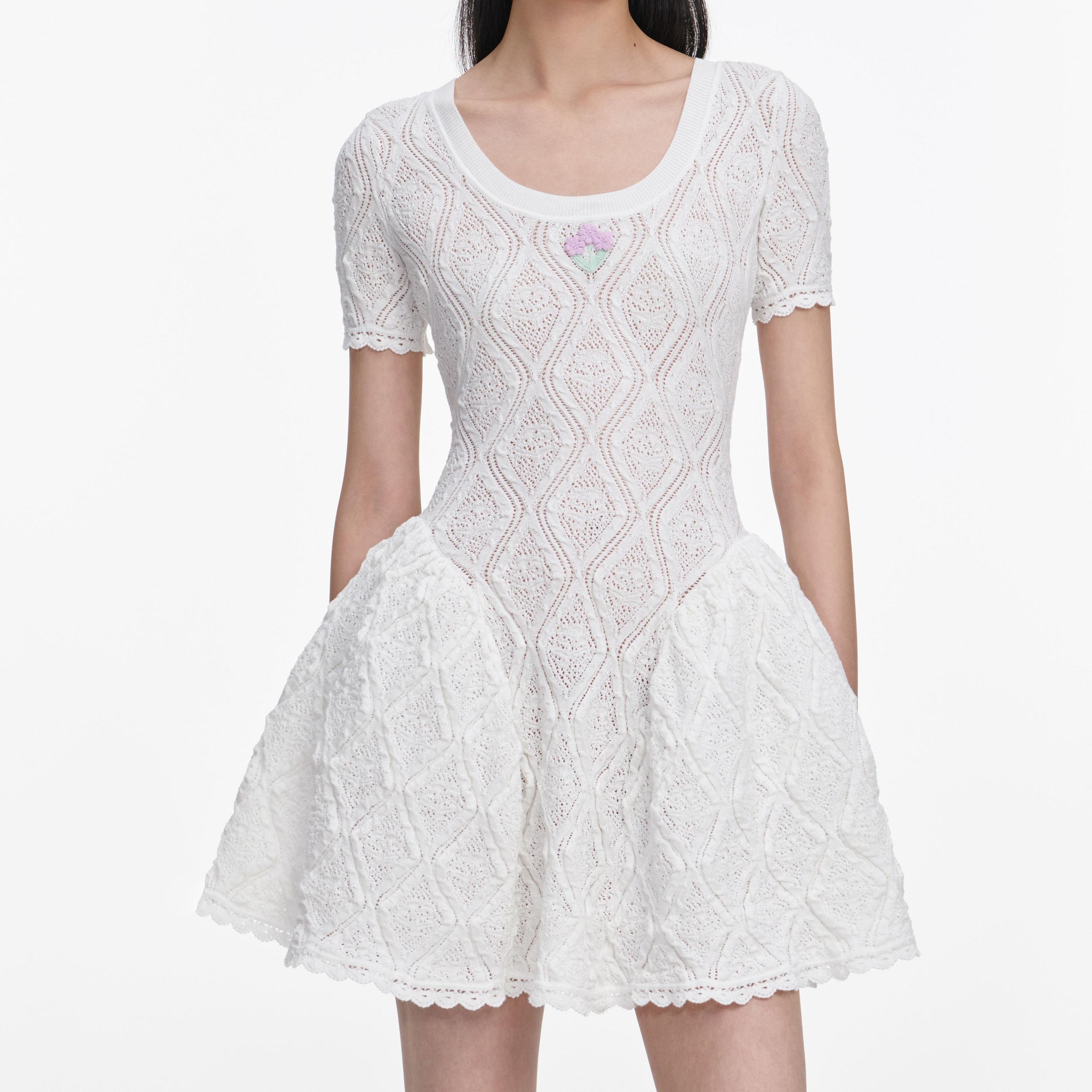 White Pointelle Knit Flared Mini Dress Product Image