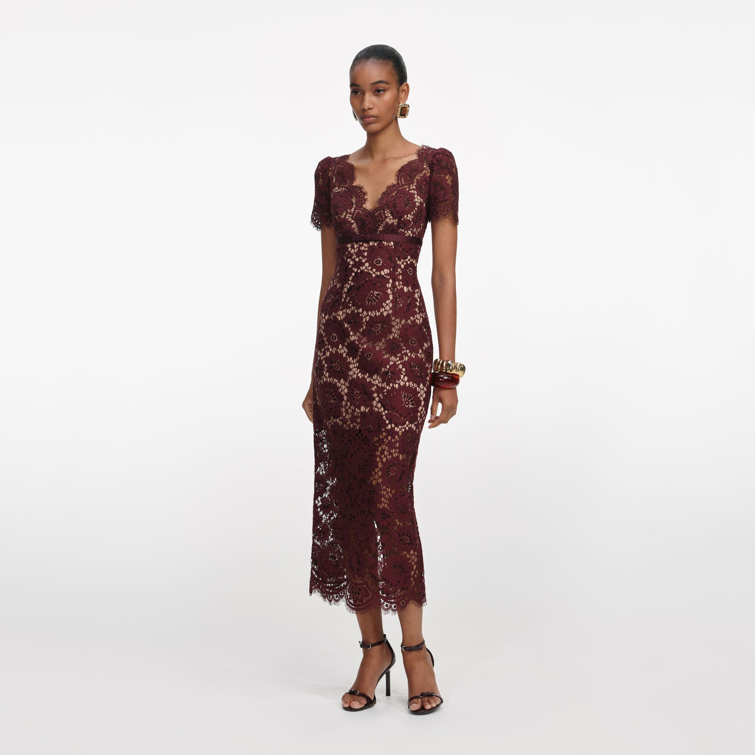 Burgundy Floral Lace Midi Dress Product Image