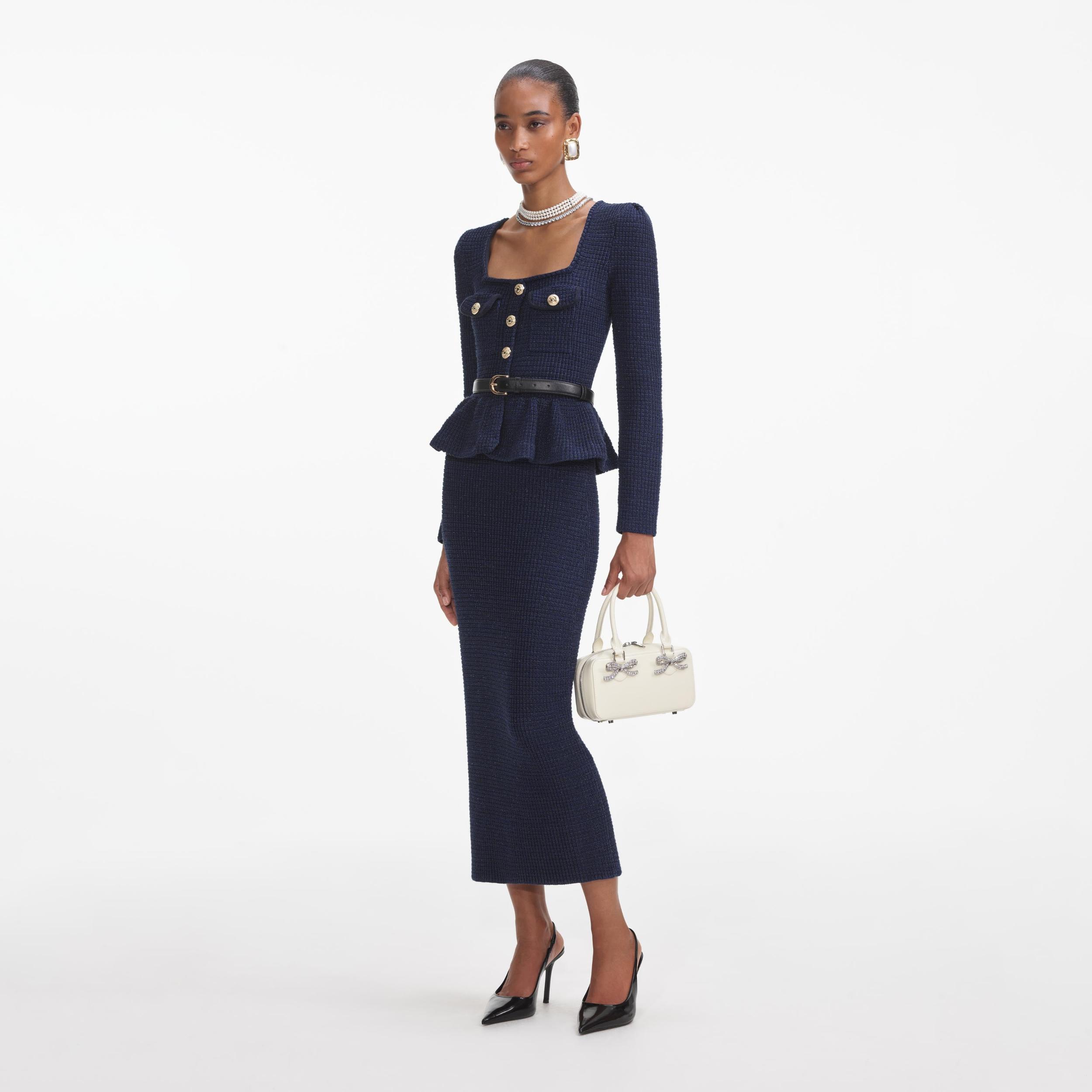 Navy Knit Peplum Midi Dress Product Image