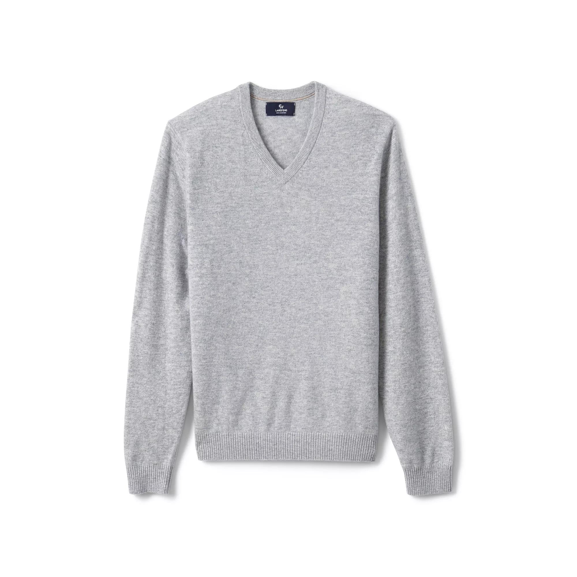 Men's Lands' End Fine-Gauge Cashmere V-neck Sweater, Size: Large, Light Gray Grey Product Image