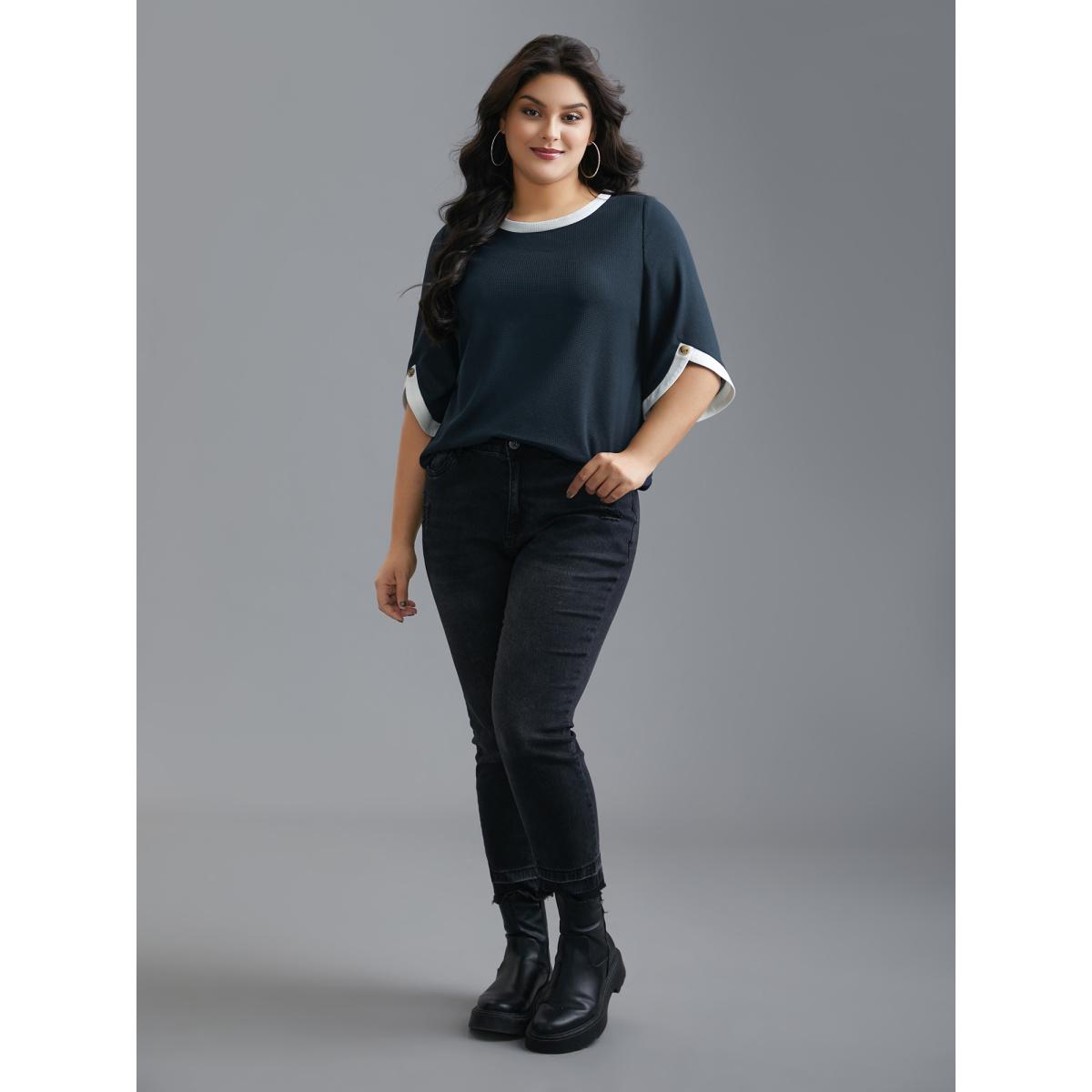 Plus Size Color Contrast Waffle Knit Bell Sleeve T-Shirt Indigo Women Casual Texture Round Neck Everyday T-shirts BloomChic 12/L Product Image