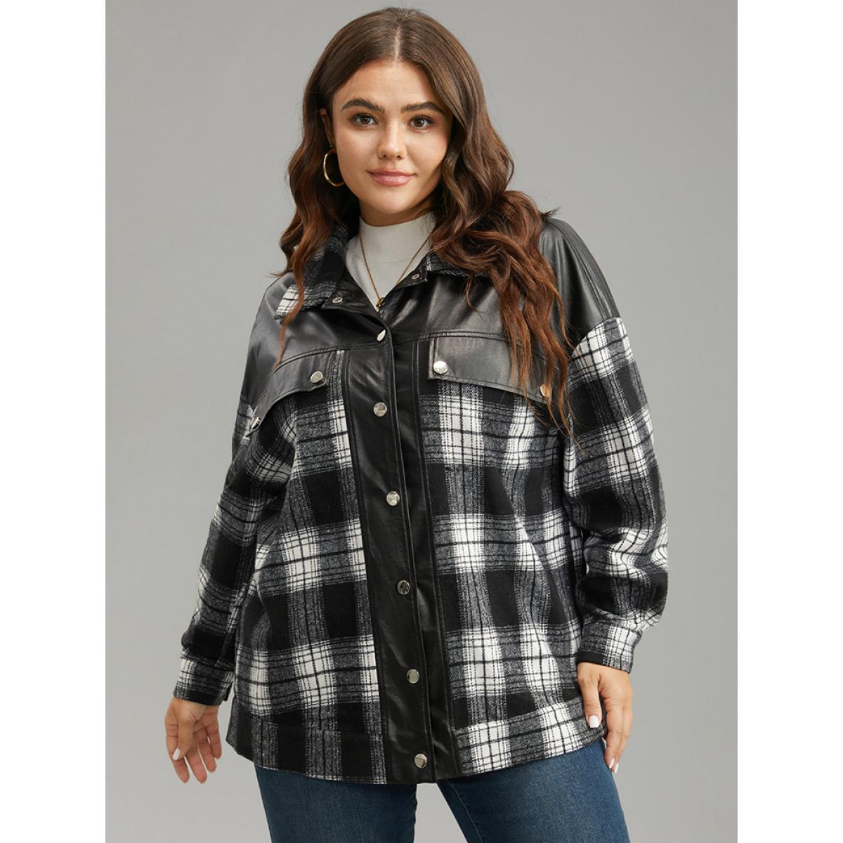 Plus Size Plaid Patchwork Contrast Button Up Shacket Women Black Contrast Pocket Dailywear Jackets BloomChic 18-20/2X Product Image