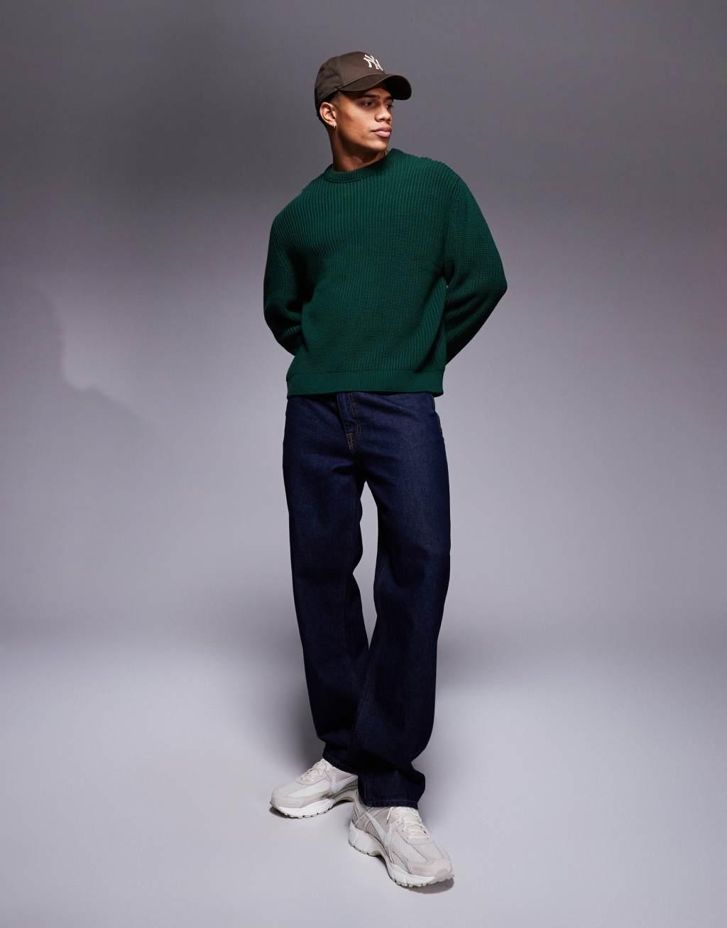 ASOS DESIGN oversized boxy knitted fisherman rib sweater in dark green Product Image