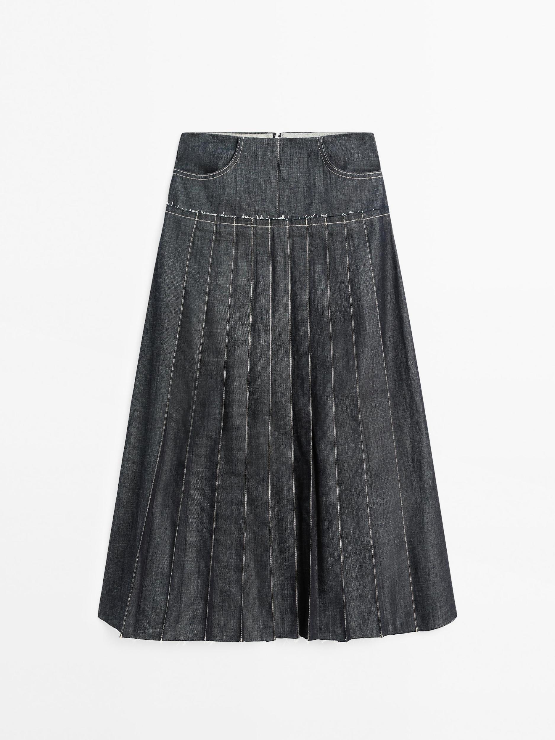 Denim midi skirt with box pleats Product Image