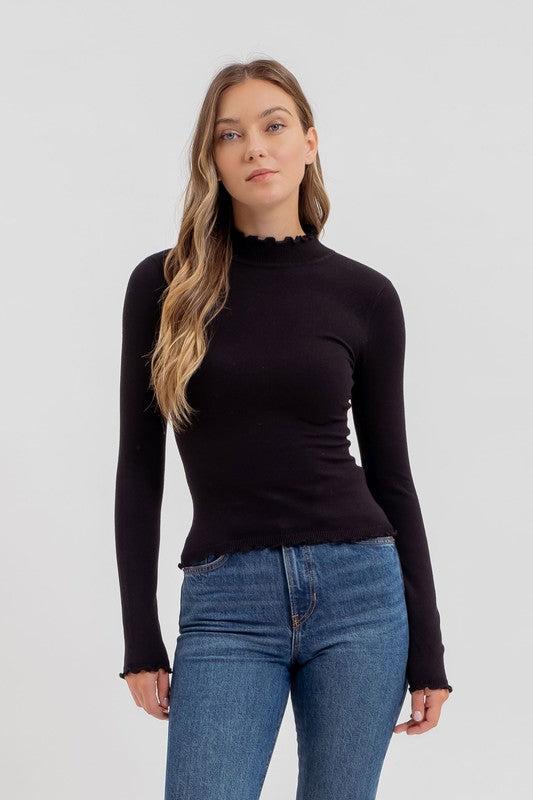 Lettuce Trim Mockneck Sweater Top Black Product Image
