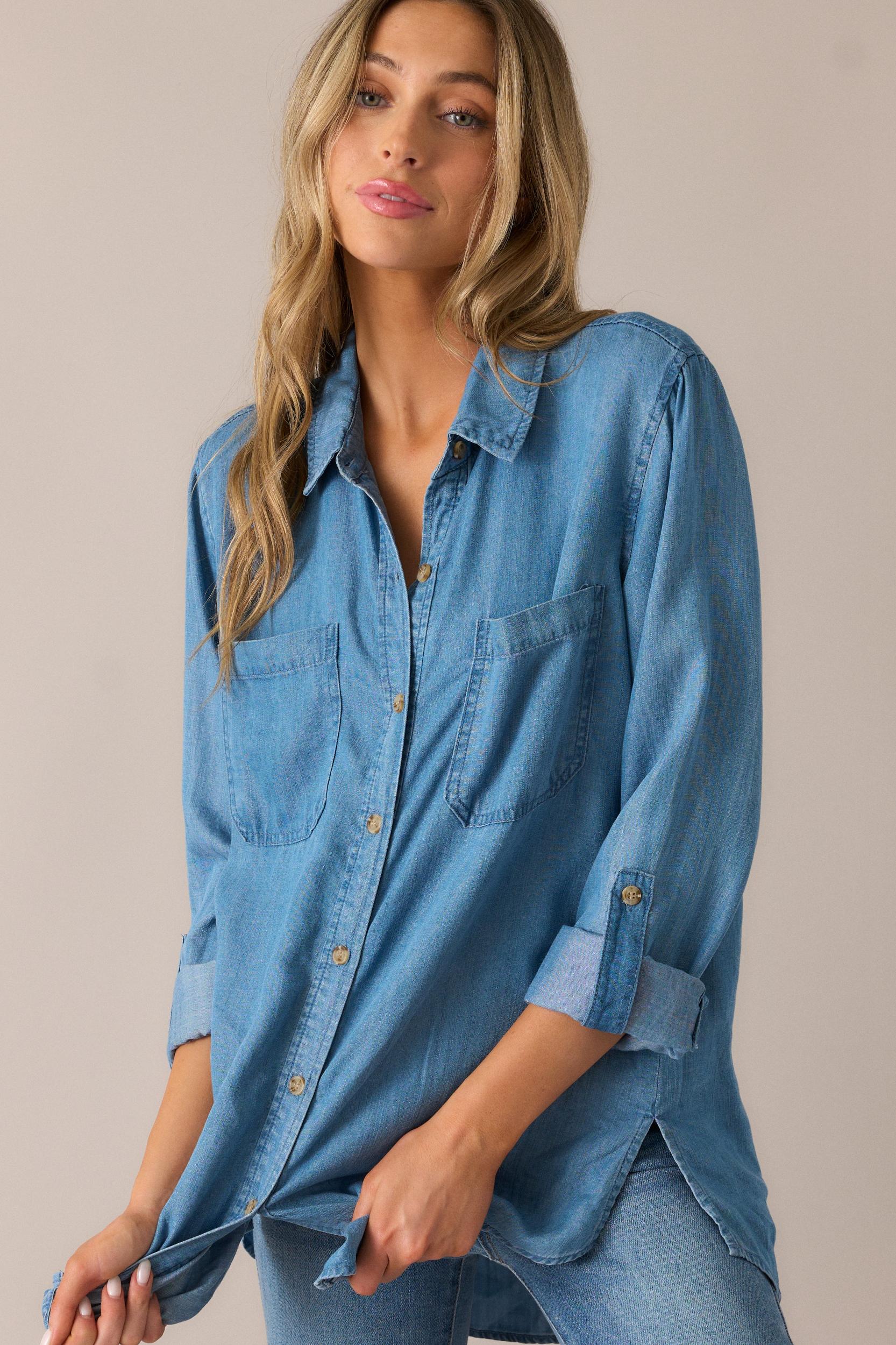 Weekend Wandering Chambray Button Front Blouse Product Image