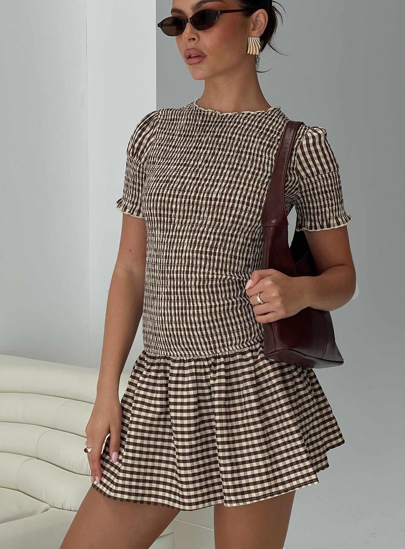 Laurita Shirred Mini Dress Brown Check Tall Product Image
