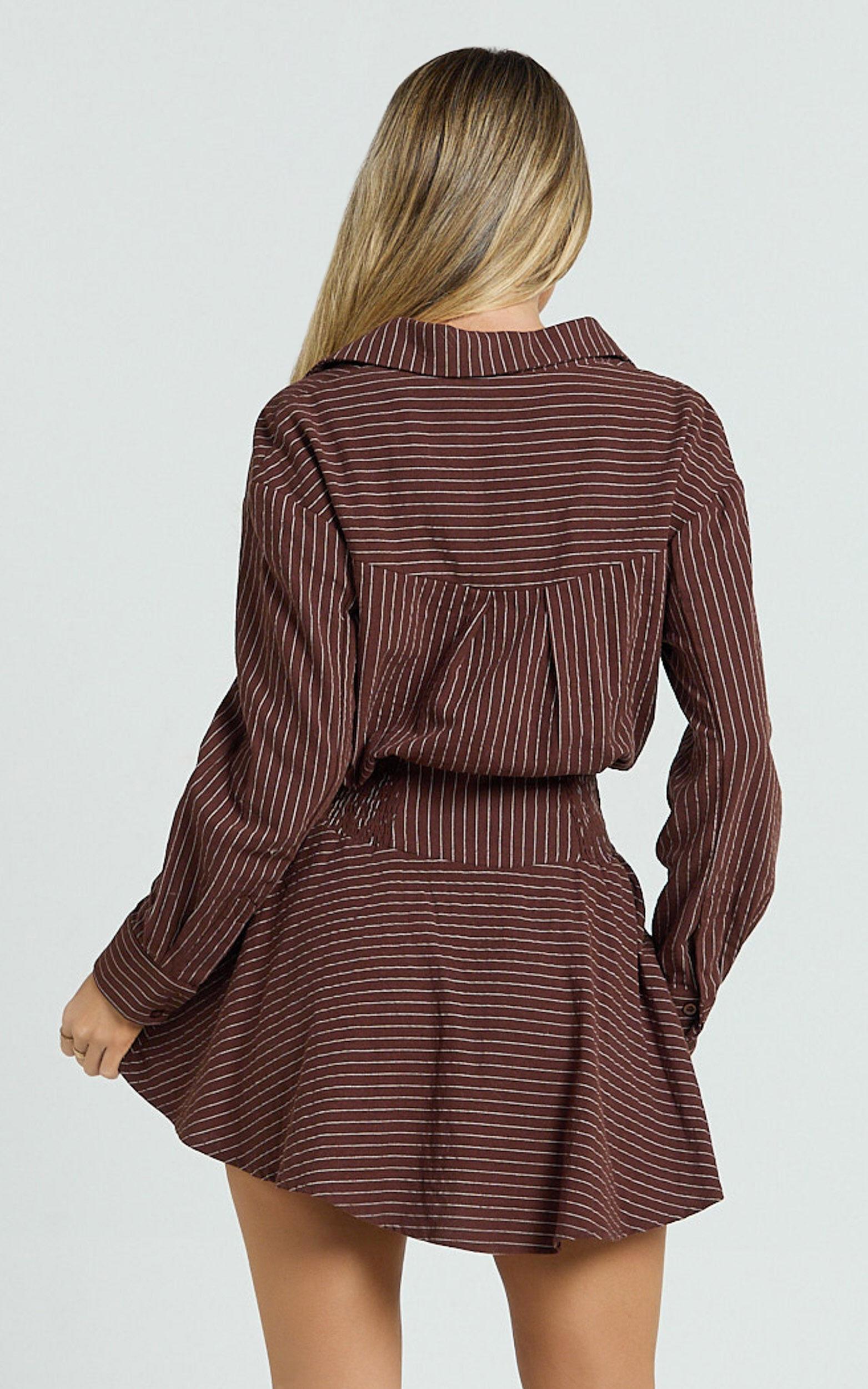 Whitney Mini Dress - Linen Long Sleeve Shirt Dress in Chocolate Pinstripe Product Image