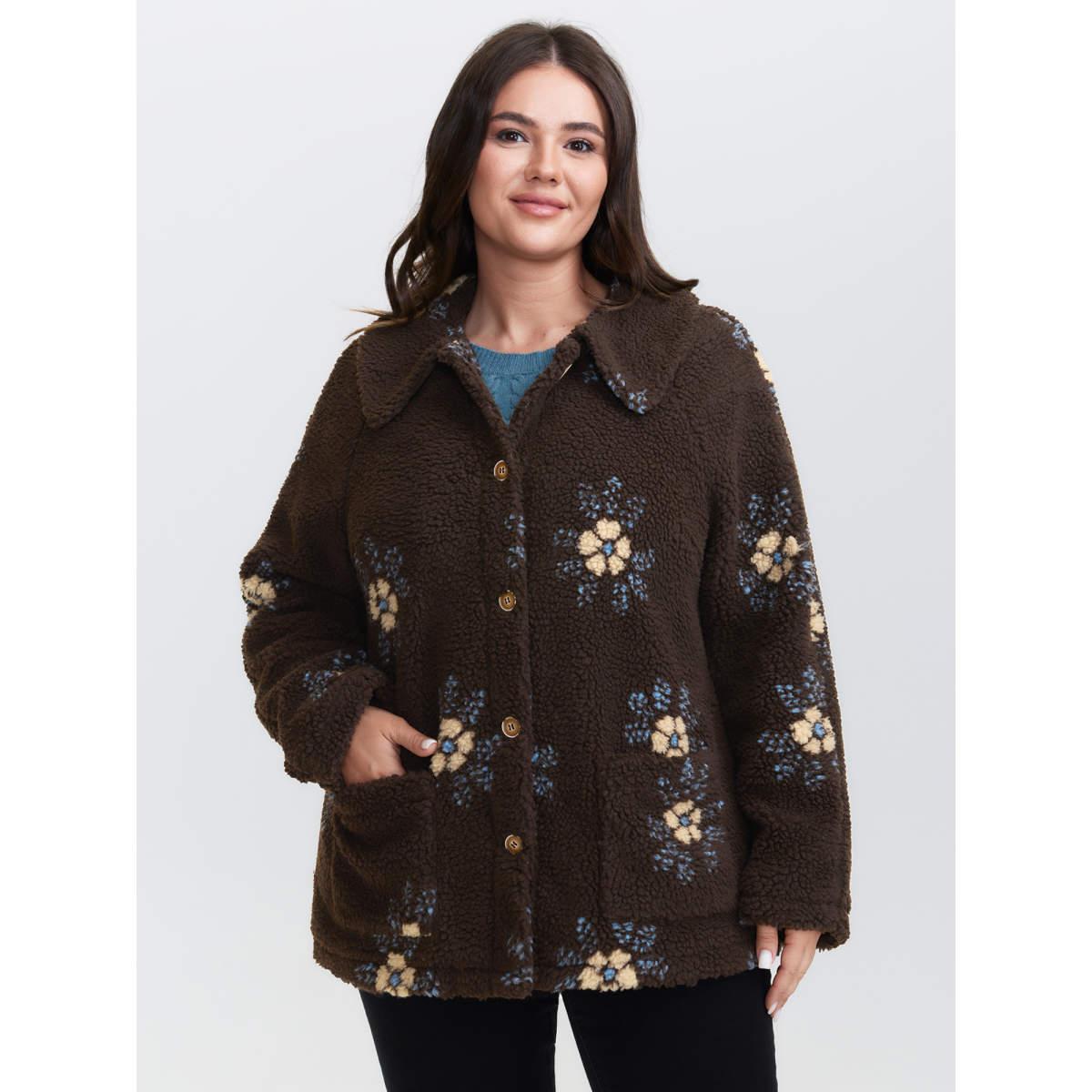 Plus Size Fluffy Floral Pattern Pocket Coat Women Multicolor Leisure Button Ladies Casual Winter Coats BloomChic 12/L Product Image