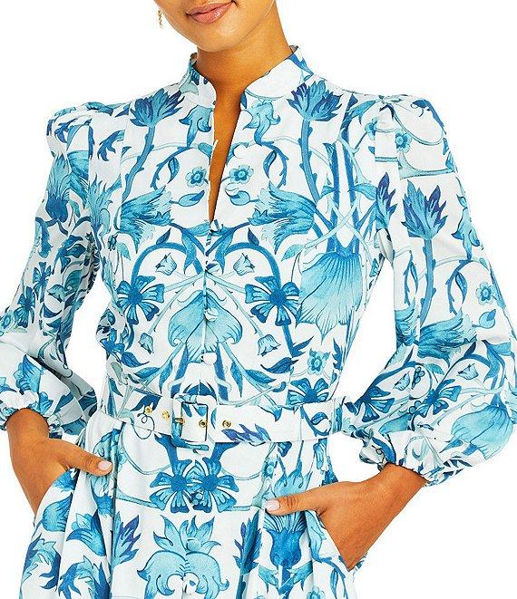 Mestiza New York Valencia Twill Split V-Neck Mandarin Collar 3/4 Balloon Sleeve Belted Midi A-Line Dress Product Image