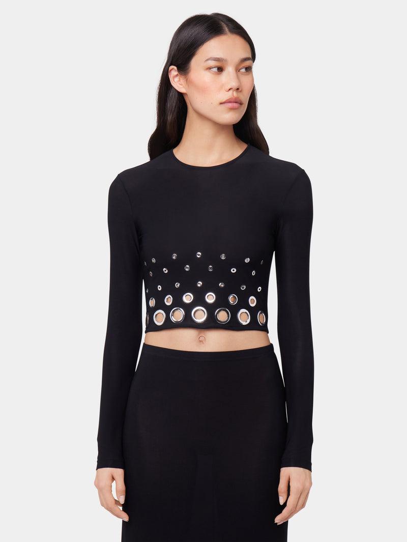 BLACK LONG SLEEVED CROP TOP IN JERSEY SECOND SKIN Product Image