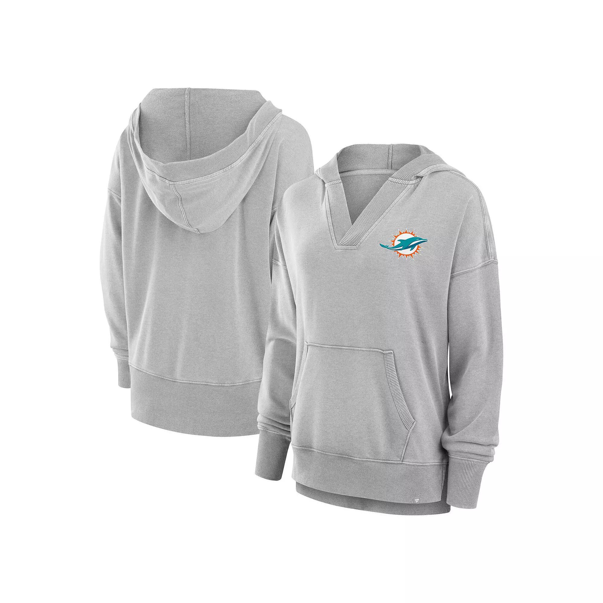 Women's Fanatics Heather Gray Miami Dolphins Initiative Snow Wash French Terry V-Neck Pullover Hoodie,  Product Image