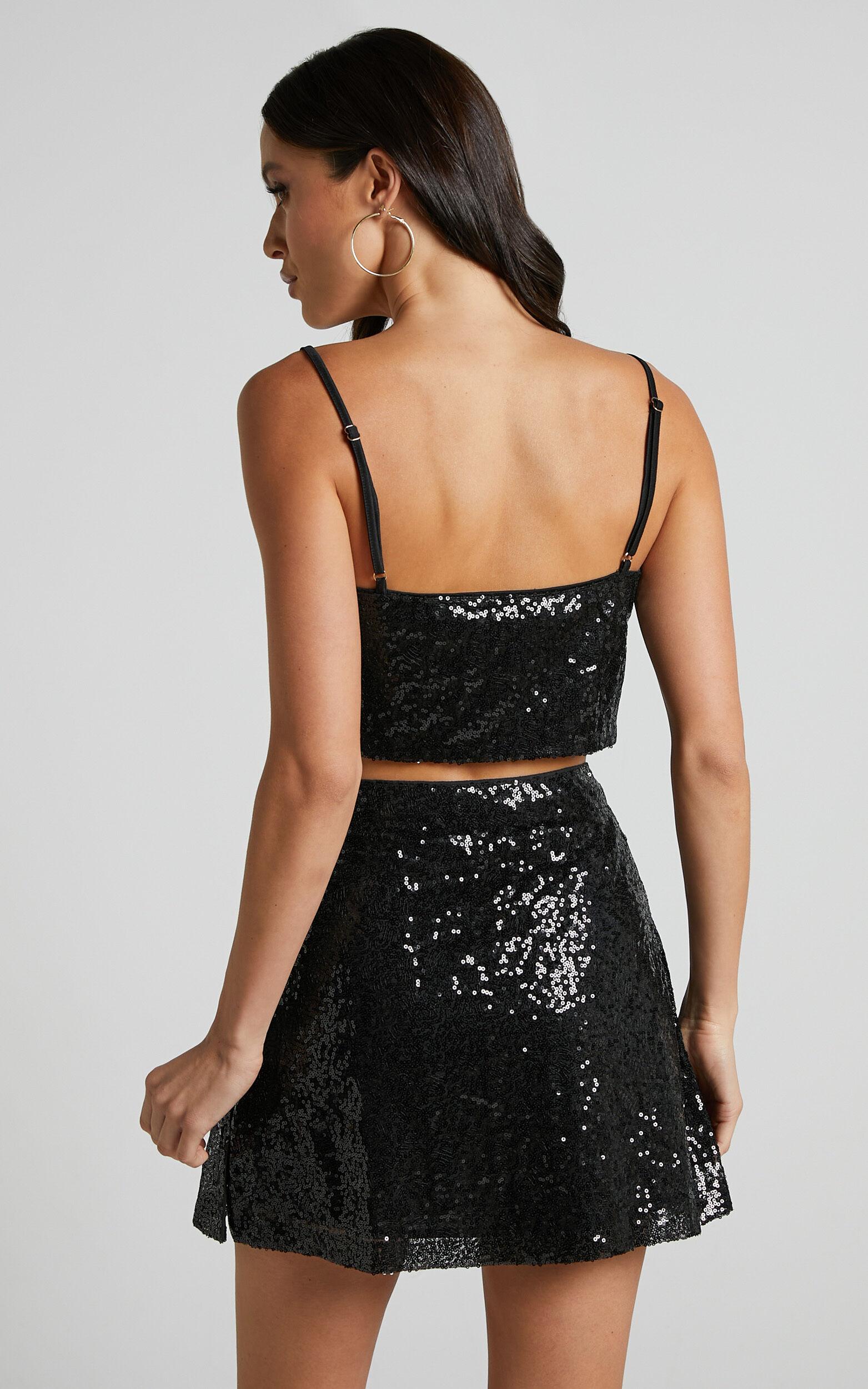 Elswyth Mini Skirt - Side Split Sequin Skirt in Black Sequin Product Image