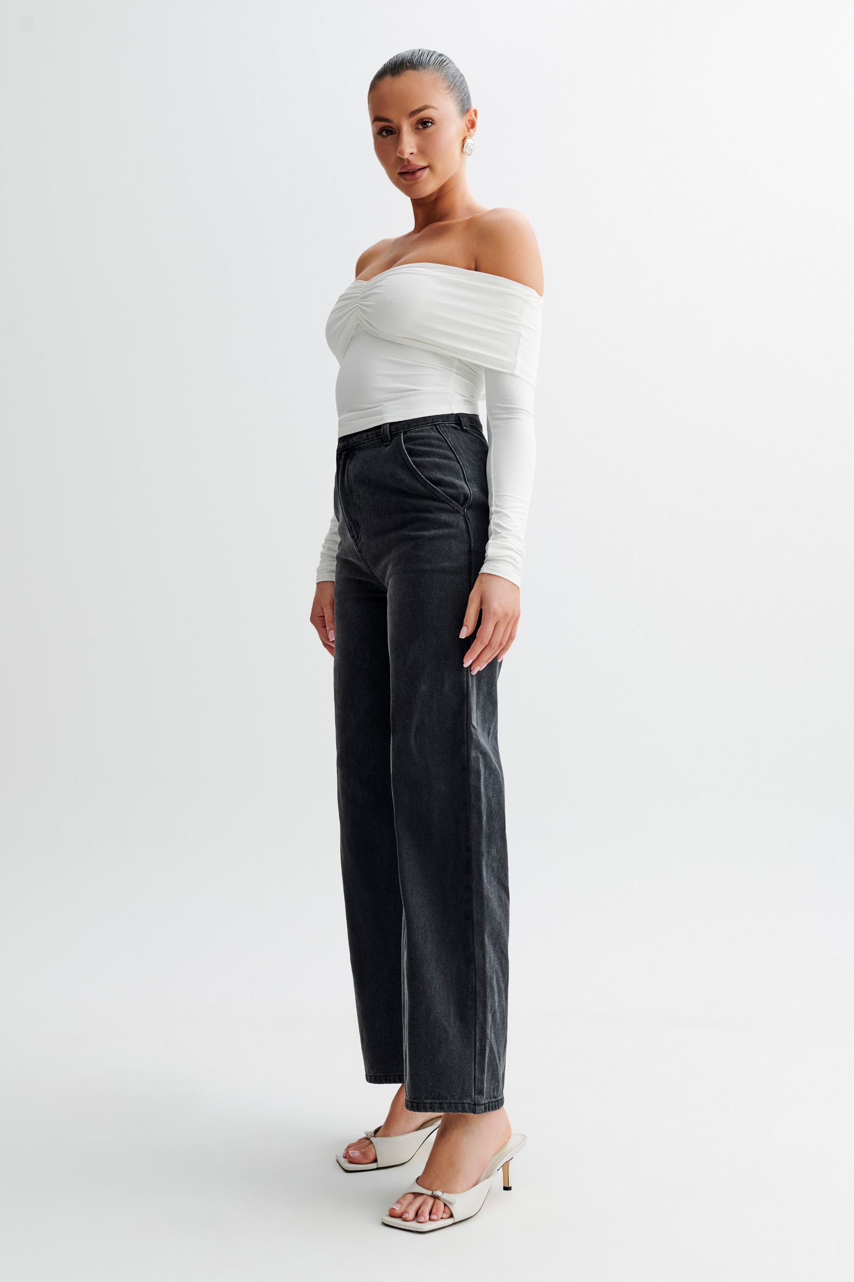 Prue Ruched Off Shoulder Long Sleeve Top - White Product Image