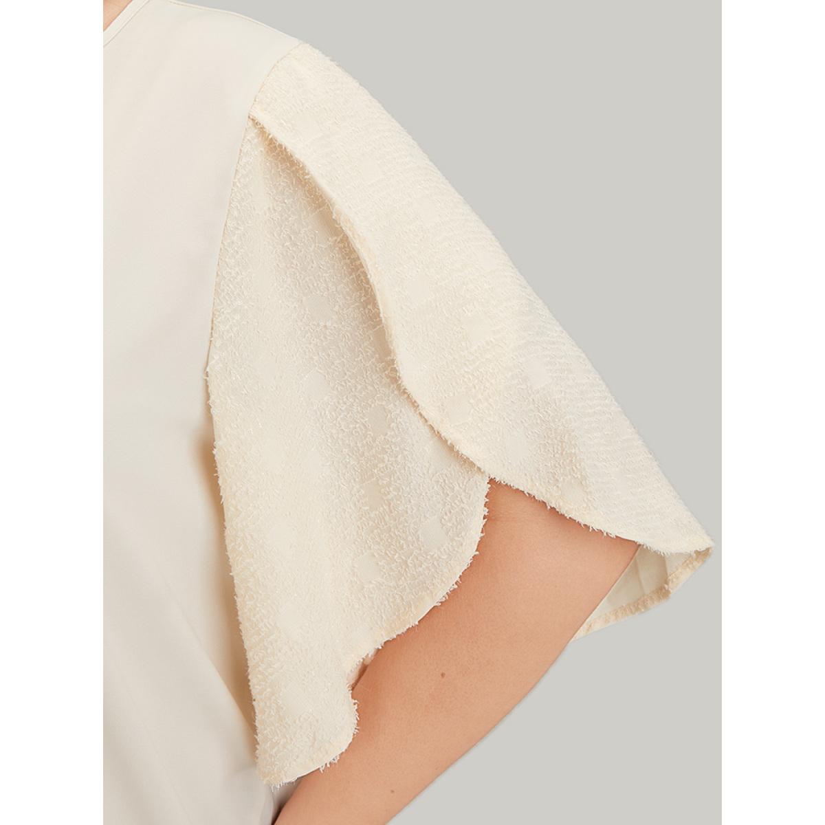 Plus Size Ivory Anti-Wrinkle Solid Patchwork Petal Sleeve Notched Blouse Women Office Half Sleeve Notched collar Work Blouses BloomChic 18-20/2X Product Image