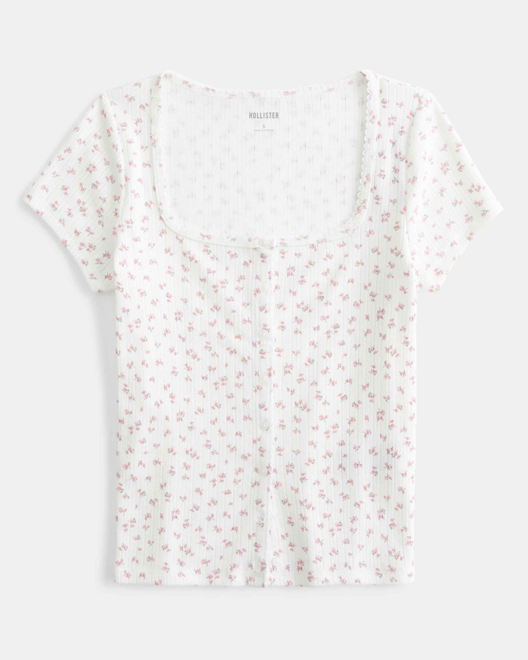 Short-Sleeve Button-Through Pointelle Top Product Image