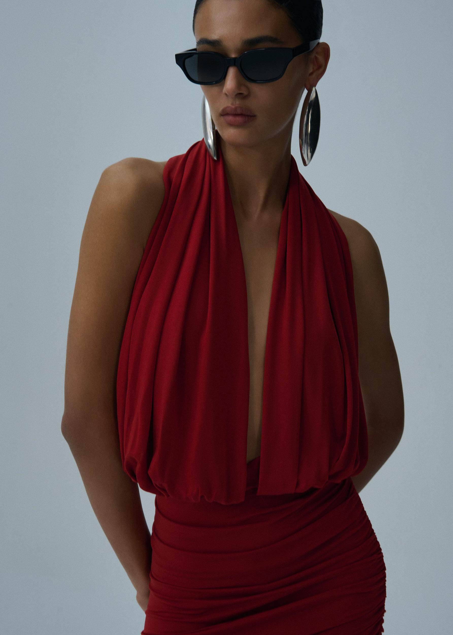 Plunge halter jersey midi dress in red Product Image