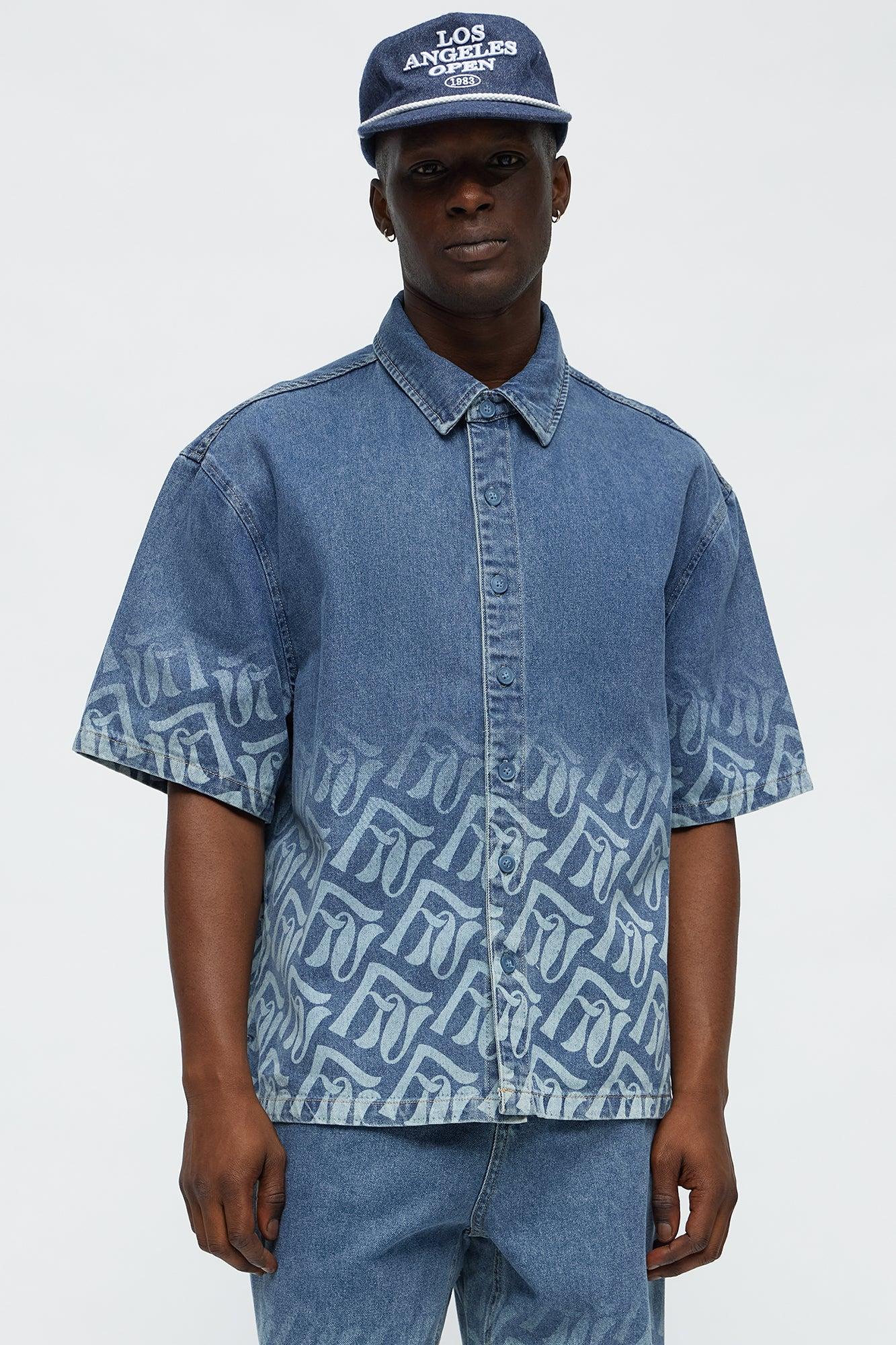 Boxy Cropped Chateau Monogram Denim Shirt - Light Blue Wash Male Product Image