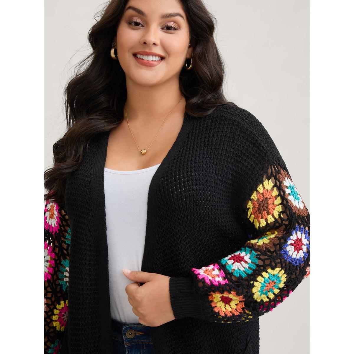 Plus Size Crochet Floral Drop Shoulder Cut Out Cardigan Black Women Playful Loose Long Sleeve Casual Cardigans BloomChic 28/5X Product Image