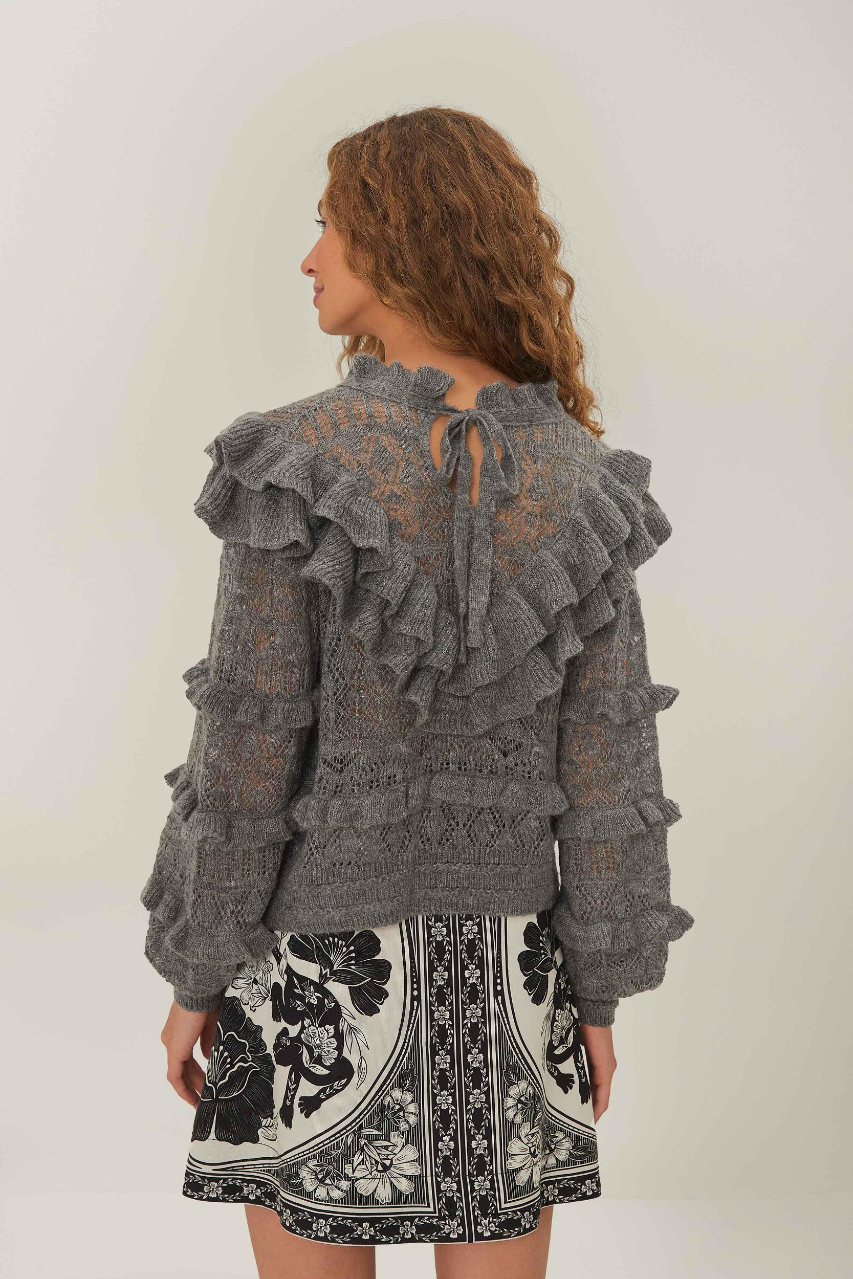Grey Ruffles Knit Sweater Product Image