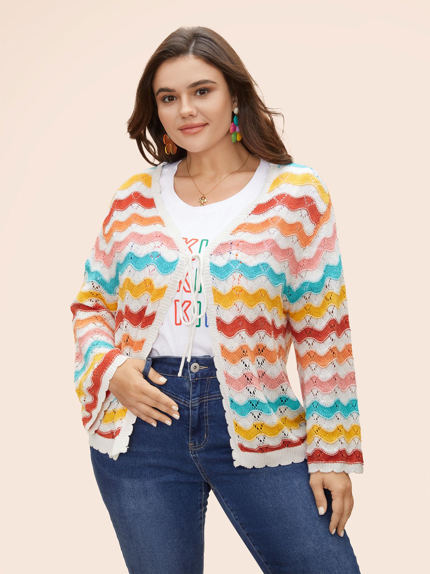 Plus Size Cotton Rainbow Perforated Front Tie Cardigan Multicolor Women Casual Loose Long Sleeve Everyday Cardigans BloomChic 26/4X Product Image