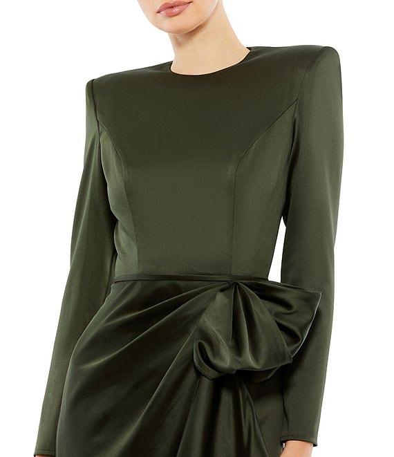 Mac Duggal Long Sleeve Crew Neck Ruched Waist Draped Bow Thigh High Slit Satin A-Line Gown Product Image