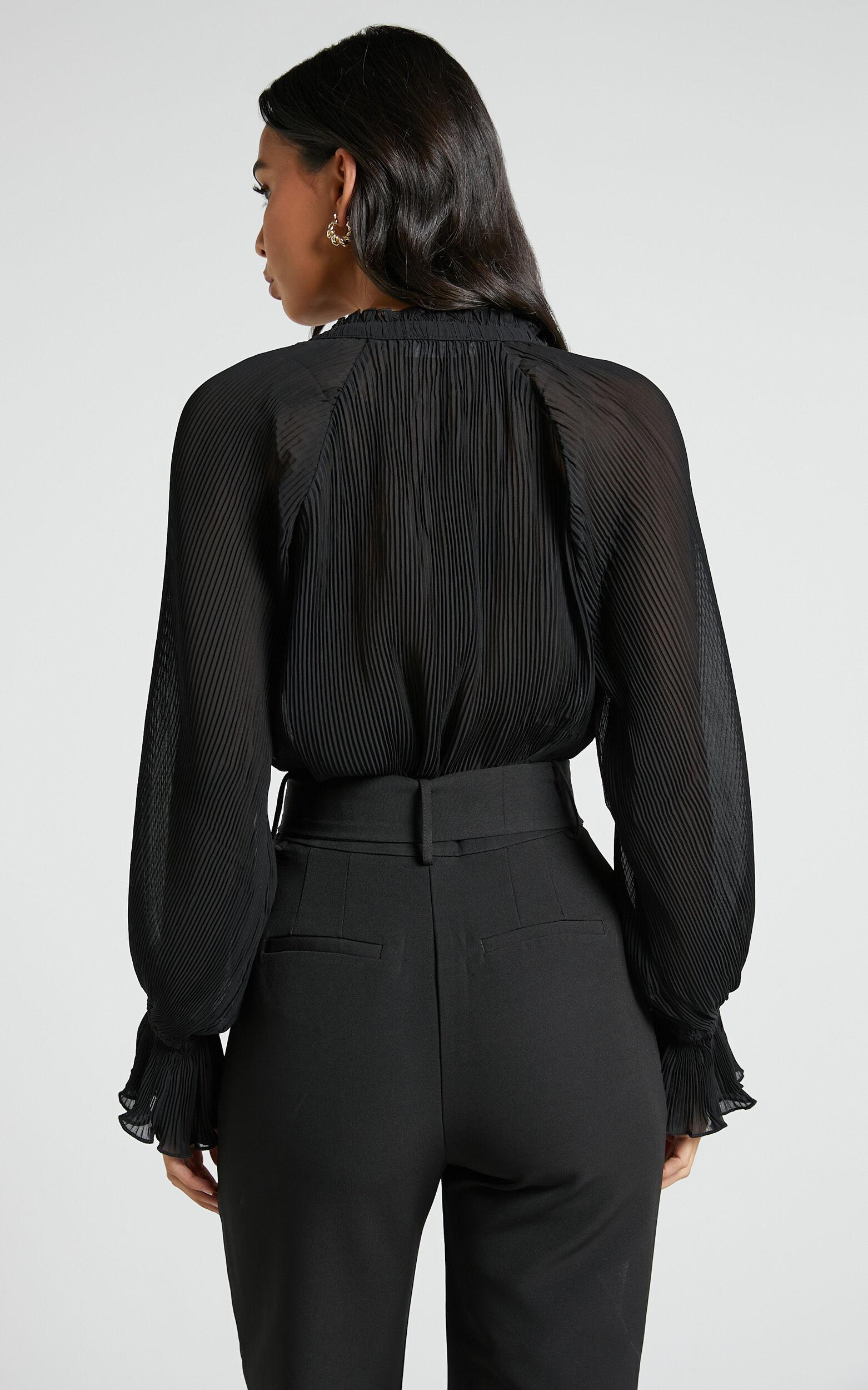 Kerray Top - V Neck Long Sleeve Pleated Top in Black Product Image