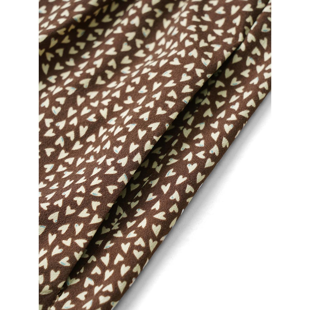 Plus Size Heart Print Lapel Collar Button Detail Knee Dress DarkBrown Women Casual Elastic cuffs Lapel Collar Elbow-length sleeve Curvy Knee Dress BloomChic 26/4X Product Image