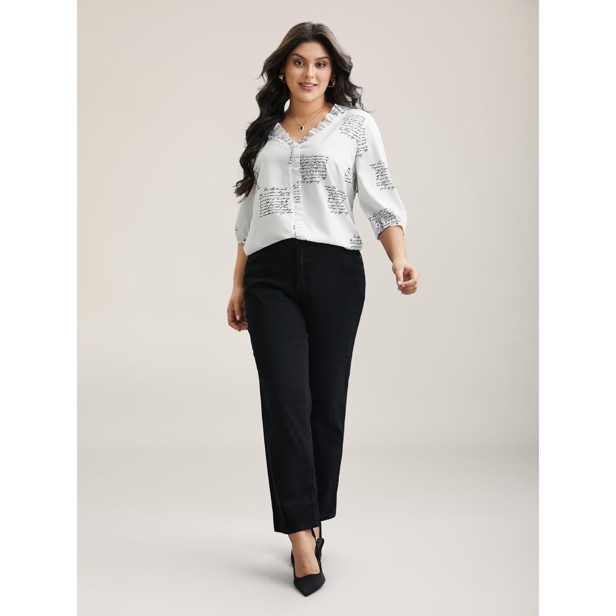 Plus Size Originalwhite Text Pattern Ruffled Lantern Sleeve Blouse Women Office Elbow-length sleeve V-neck Office Blouses BloomChic 18-20/2X Product Image