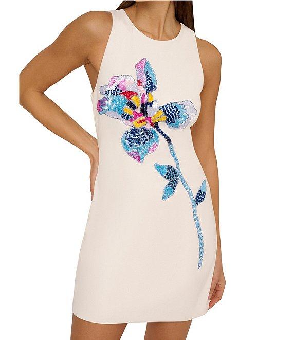 Adrianna by Adrianna Papell Crepe Beaded Floral Placement Print Crew Neck Sleeveless Shift Mini Dress Product Image