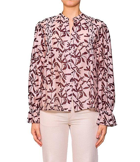 MELLODAY Floral Split Neck Long Sleeve Button Front Blouse Product Image