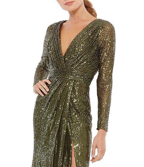 Ieena for Mac Duggal Long Sleeve Deep Surplice V-Neck Sequin Thigh High Slit Gown Product Image