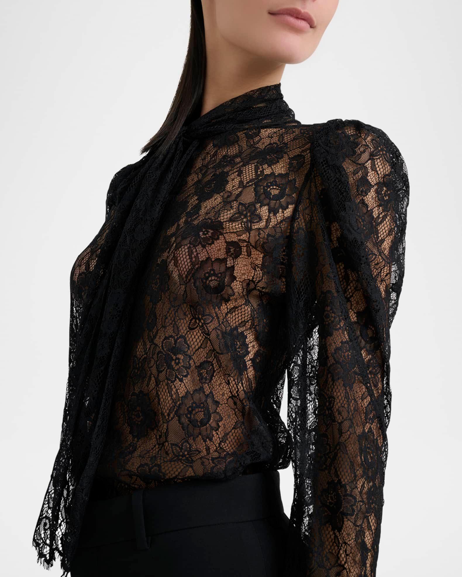Tie-Neck Lace Button-Down Blouse Product Image