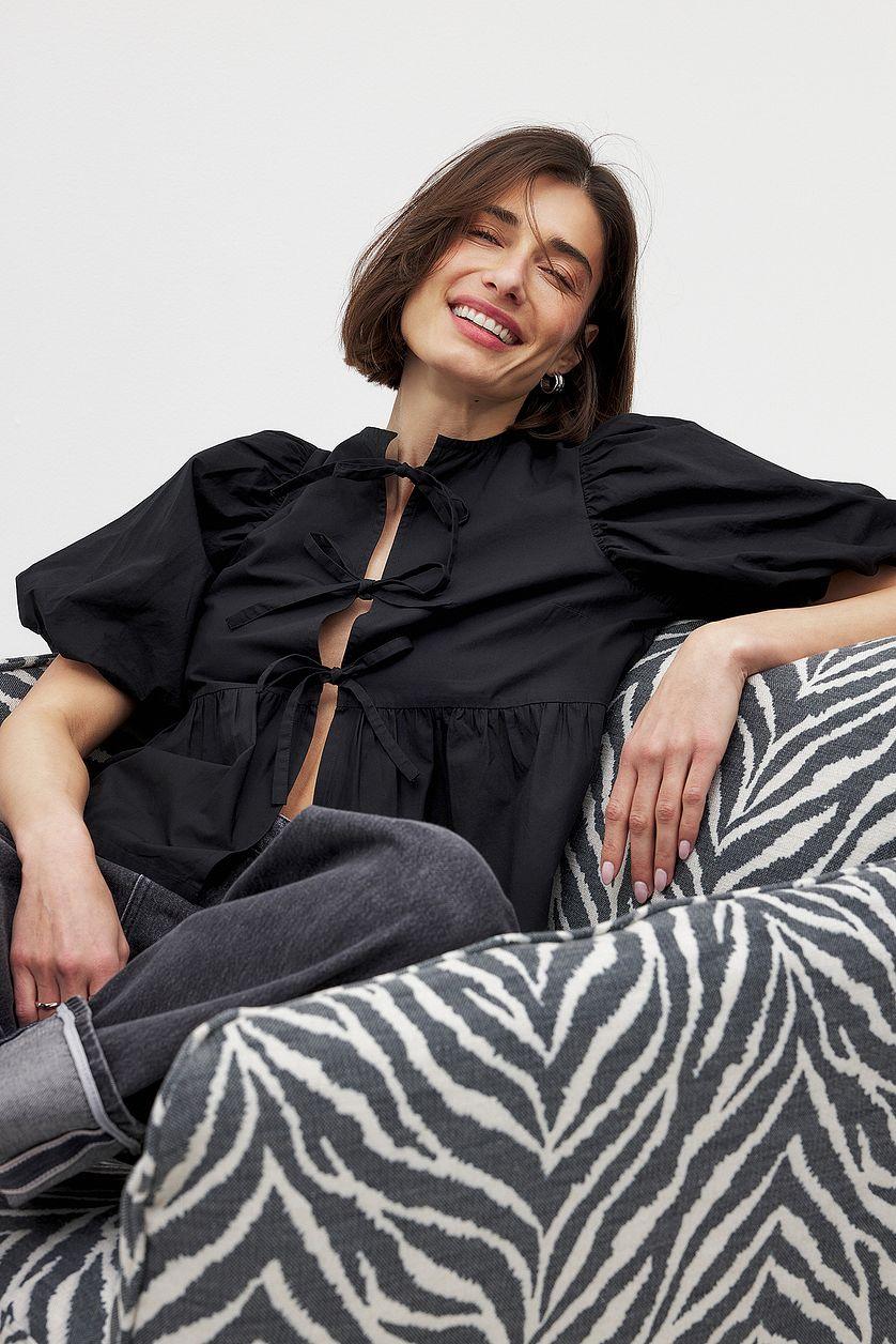 Cotton Puff Sleeve Tie Front Blouse Product Image