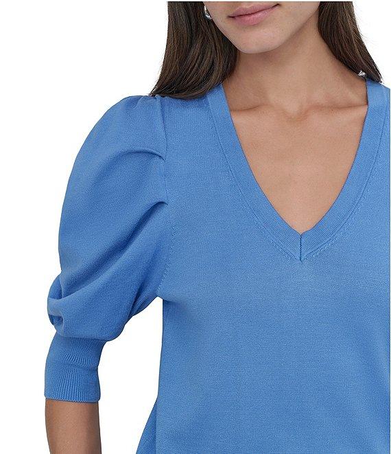 DKNY by Donna Karan Short Pleated Puffed Elbow Sleeve V-Neck Knit Top Product Image