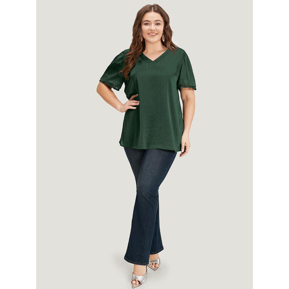 Plus Size DarkGreen Plain Cut Out V Neck Blouse Women Office Short sleeve V-neck Work Blouses BloomChic 14-16/1X Product Image