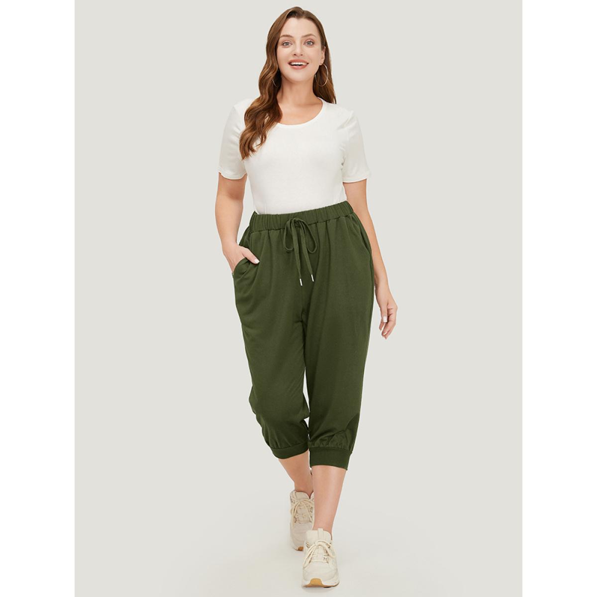 Plus Size Solid Knot Front Pocket Carrot Pants Women ArmyGreen Casual High Rise Dailywear Pants BloomChic 30/6X Product Image